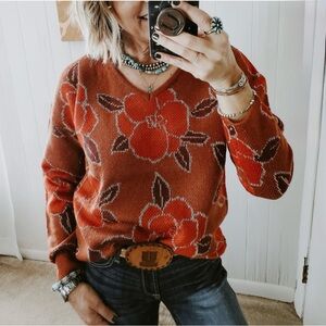 NWT ANDREE BY UNIT Floral V-Neck Sweater - Rust and Orange